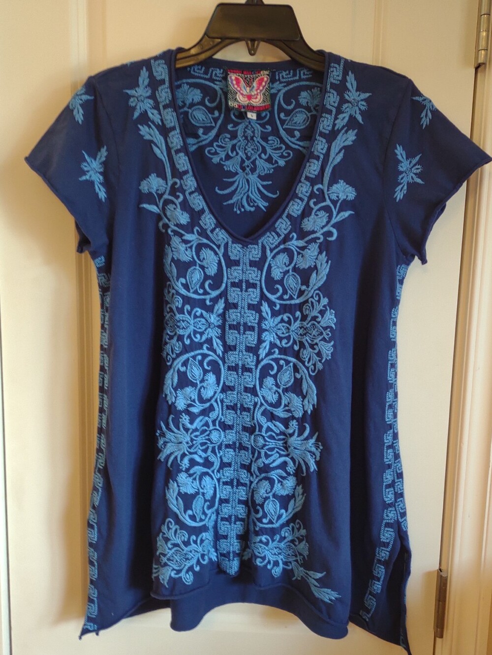 Johnny Was Navy Tunic Top with Light Blue Embroidery